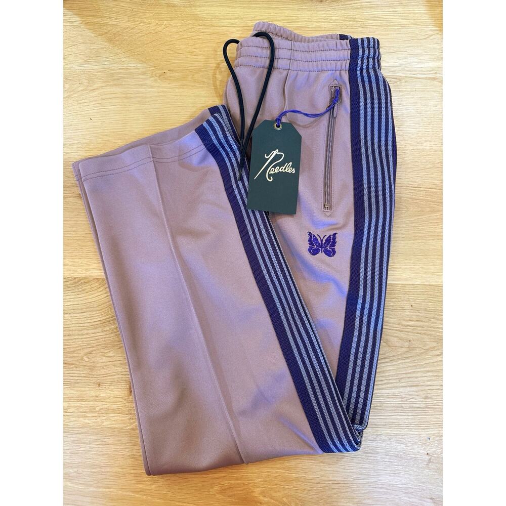 Needles Poly Smooth Track Pants Taupe Purple Butterfly - NWT - Studio - Sz S